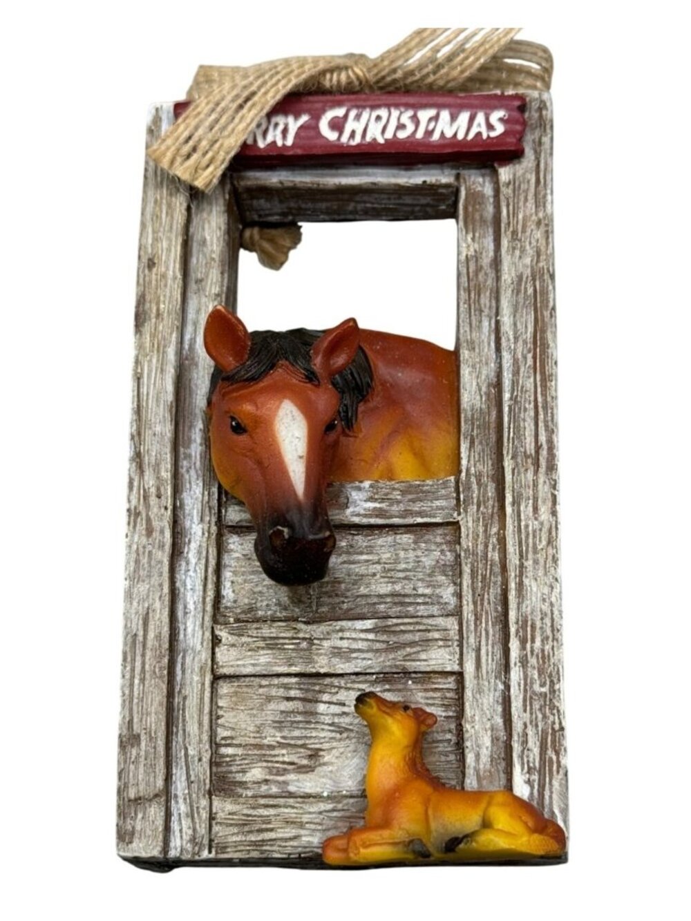 Christmas horse & fawn stall door brown Merry Christmas bow faux wood 5" READ